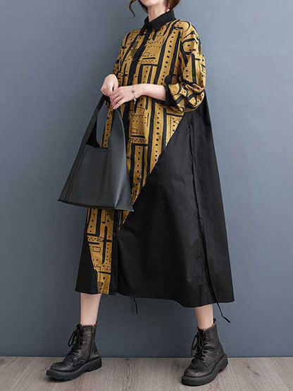 xakxx A-Line Long Sleeves Asymmetric Contrast Color Printed Warp Knitting Lapel Midi Dresses Shirt Dress
