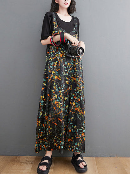xakxx Loose Artistic Retro Ramie Cotton Floral Printed V-Neck Overalls