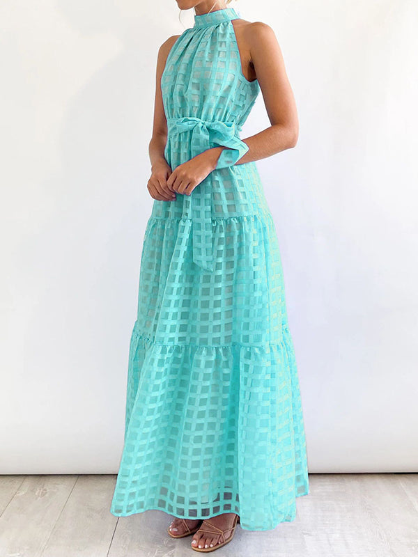xakxx Loose Sleeveless Plaid Ribbed Stand Collar Maxi Dresses