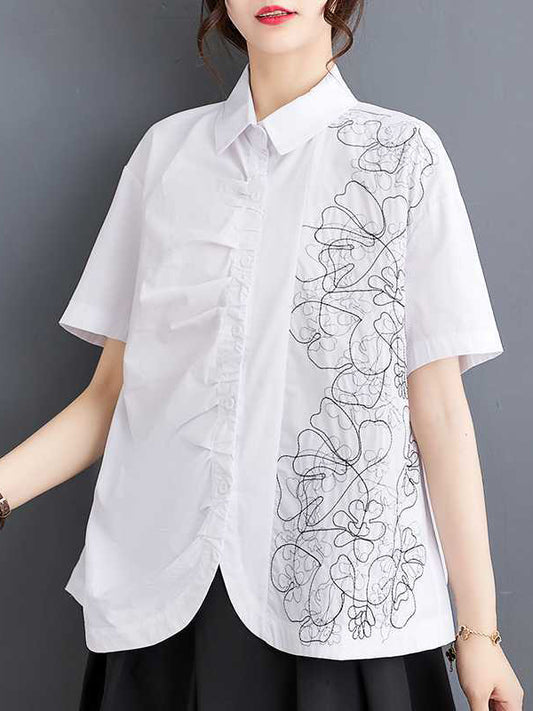 xakxx Irregularity Loose Buttoned Embroidered Pleated Lapel Collar Blouses&Shirts Tops
