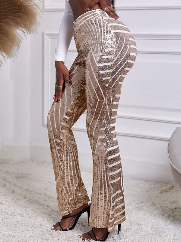 xakxx Flared Pants High Waisted Contrast Color Striped Sequined Pants