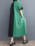 xakxx Loose Short Sleeves Asymmetric Split-Joint Striped Lapel Midi Dresses Shirt Dress