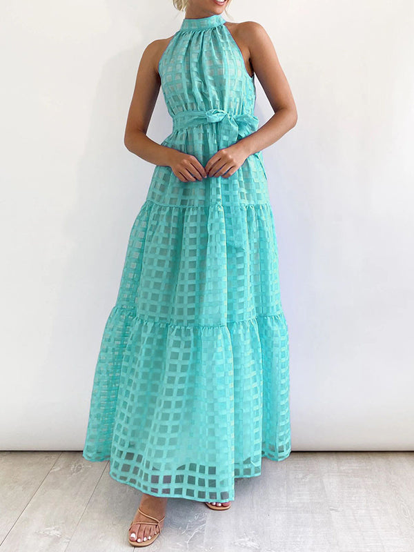 xakxx Loose Sleeveless Plaid Ribbed Stand Collar Maxi Dresses