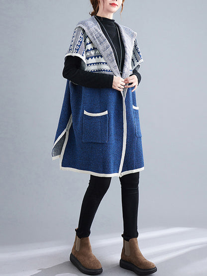 xakxx Artistic Retro Loose Casual With Pocket Hooded Short Sleeves Cardigan Outwear