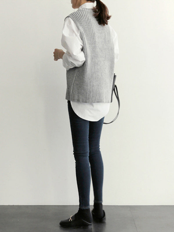 xakxx Casual Sleeveless Loose Solid Color V-Neck Vest Outerwear