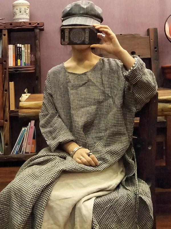 xakxx Loose Vintage Washable Plaid Split-Side Dress