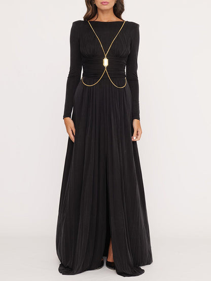xakxx Long Sleeves Backless No Body Chain Pleated Solid Color Tied Waist Maxi Dresses