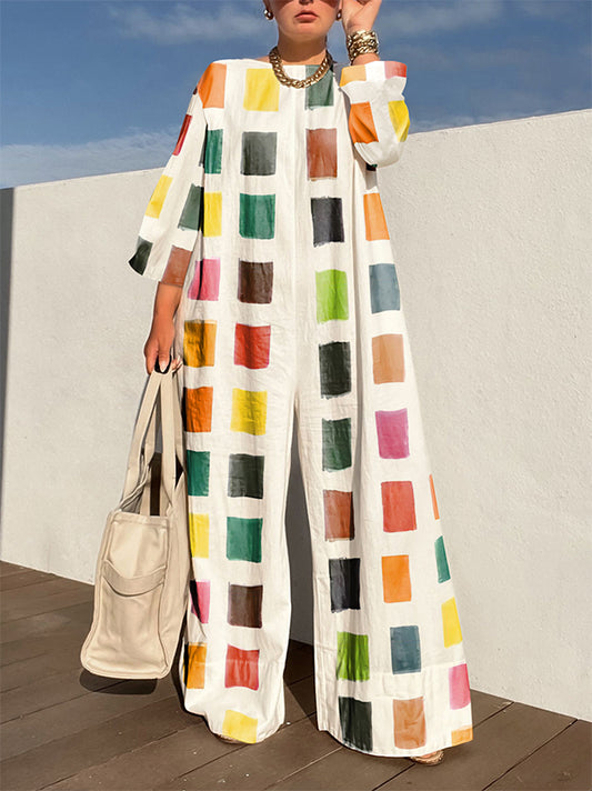 xakxx Loose Three-Quarter Sleeves Color-Block Contrast Color Jumpsuits
