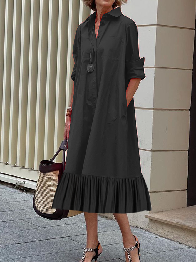 xakxx A-Line Long Sleeves Pleated Solid Color Lapel Collar Midi Dresses