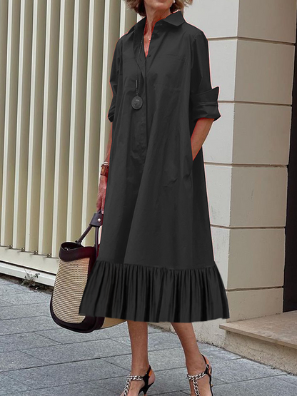 xakxx A-Line Long Sleeves Pleated Solid Color Lapel Collar Midi Dresses