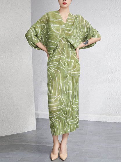 xakxx Urban Loose Batwing Sleeves Printed Pleated V-Neck Midi Dresses