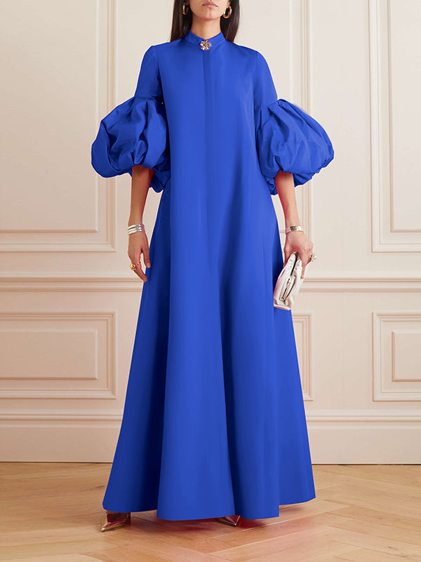 xakxx Loose Flower Shape Solid Color Stand Collar Lantern Sleeves Maxi Dresses