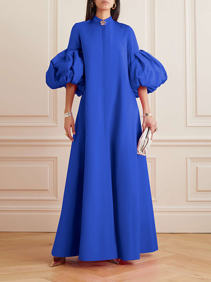 xakxx Loose Flower Shape Solid Color Stand Collar Lantern Sleeves Maxi Dresses