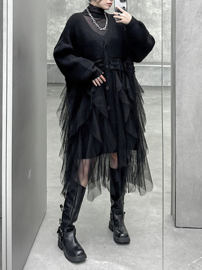 xakxx Long Sleeves Loose Buttoned Pleated Solid Color Split-Joint Tulle Velvet V-Neck Cardigan Tops
