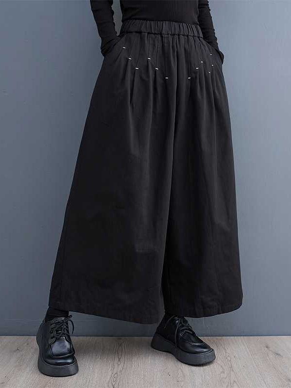 xakxx Loose Wide Leg Elasticity Embroidered Pleated Ninth Pants Trousers