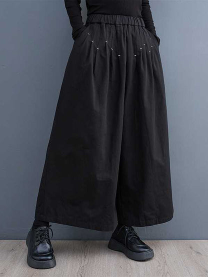 xakxx Loose Wide Leg Elasticity Embroidered Pleated Ninth Pants Trousers