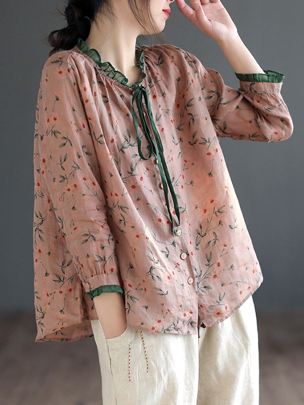 xakxx Long Sleeves Loose Floral Printed Lace-Up Round-Neck Blouses&Shirts Tops