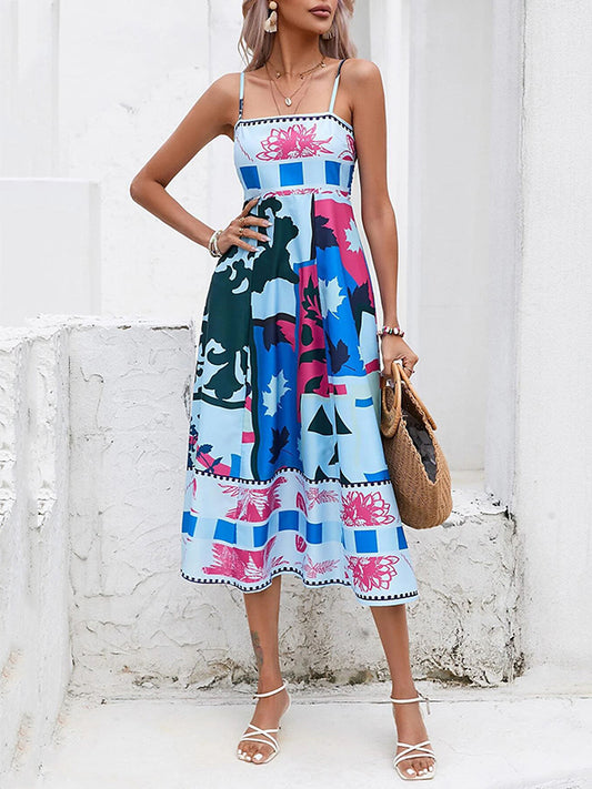xakxx High Waisted Sleeveless Pleated Printed Split-Joint Collarless Midi Dresses Slip Dress