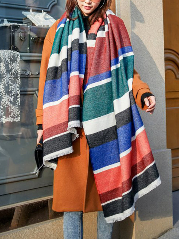 xakxx Contrast Color Fringed Keep Warm Multi-Colored Striped Shawl&Scarf