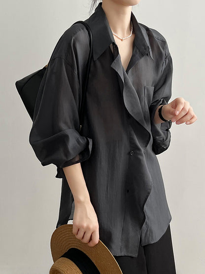 xakxx Irregular Clipping Long Sleeves Solid Color Lapel Blouses&Shirts Tops