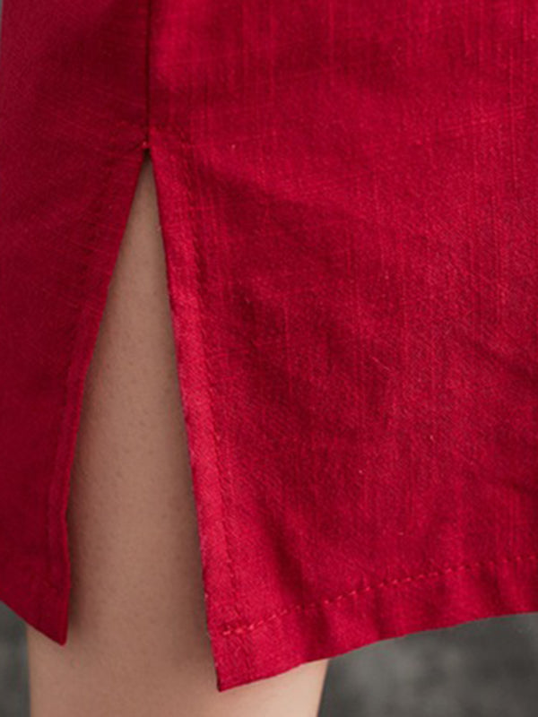 xakxx A-Line Loose Chinese Frog Buttons Pockets Solid Color Split-Side V-Neck Midi Dresses