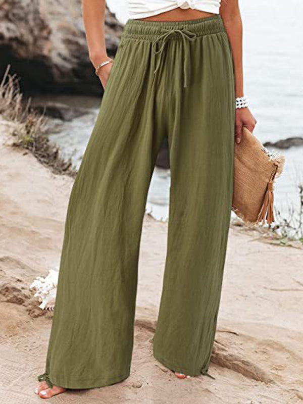 xakxx Loose Wide Leg Drawstring Elasticity Solid Color Pants Trousers