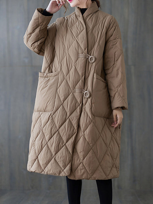 xakxx Vintage Artistic Retro Solid Color Buttoned Stand Collar Long Sleeves Padded Coat