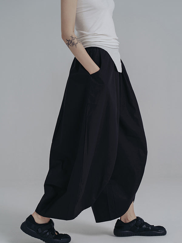 xakxx Simple Loose Elasticity Waist Wide Leg Solid Color Pants