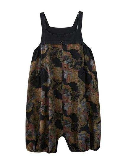 xakxx Artistic Retro Vintage Loose Floral Printed Square-Neck Sleeveless Overalls