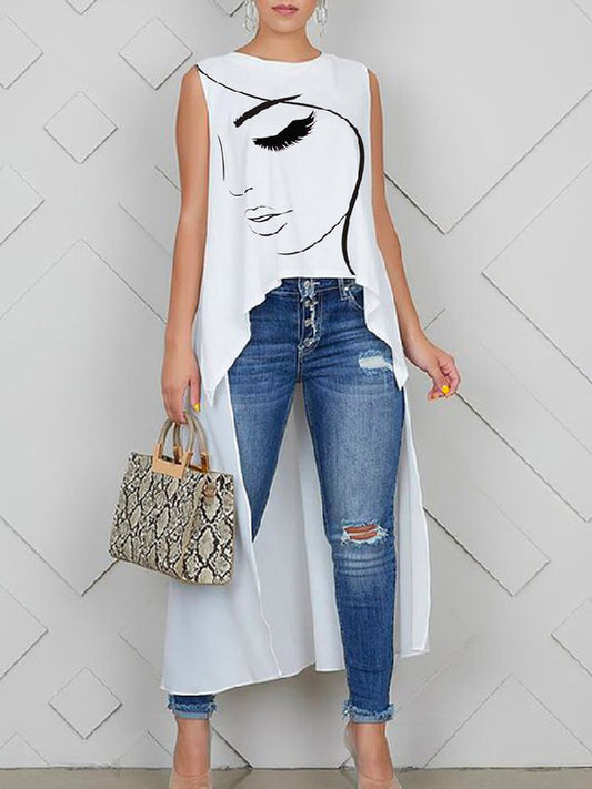xakxx High-Low Sleeveless Figure Printed Round-Neck Vest Top