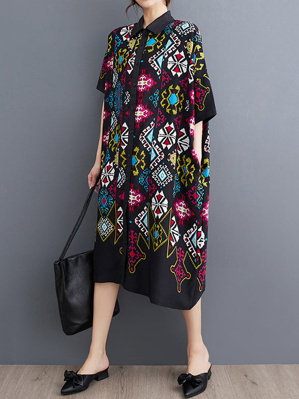 xakxx A-Line Loose Buttoned Printed Lapel Midi Dresses