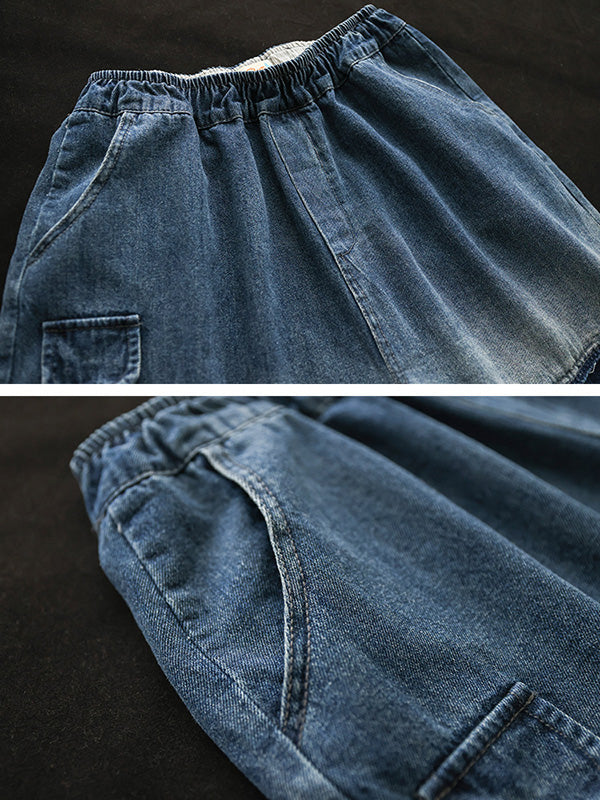 xakxx Vintage Hollow Elasticity Applique Ninth Jean Harem Pants Bottoms