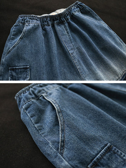 xakxx Vintage Hollow Elasticity Applique Ninth Jean Harem Pants Bottoms