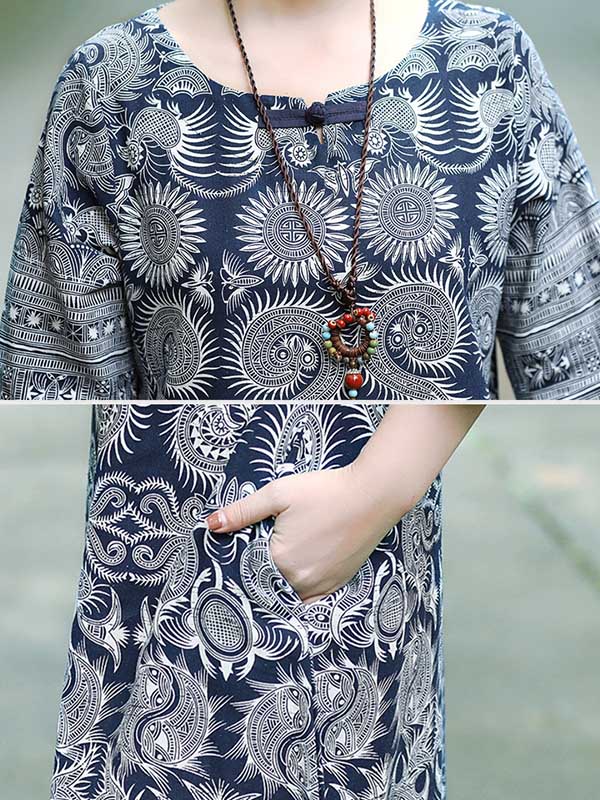 xakxx Vintage Cotton Blend Printing Midi Dresses