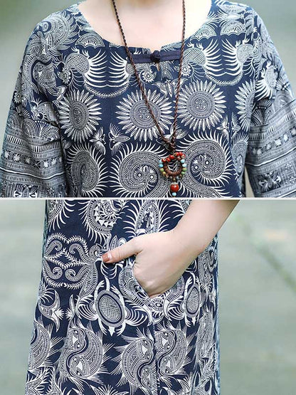 xakxx Vintage Cotton Blend Printing Midi Dresses