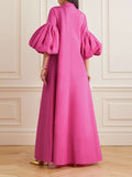 xakxx Loose Flower Shape Solid Color Stand Collar Lantern Sleeves Maxi Dresses