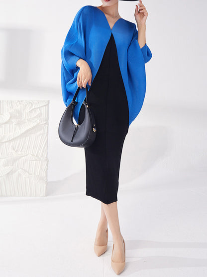 xakxx Batwing Sleeves Loose Contrast Color Pleated Round-Neck Midi Dresses