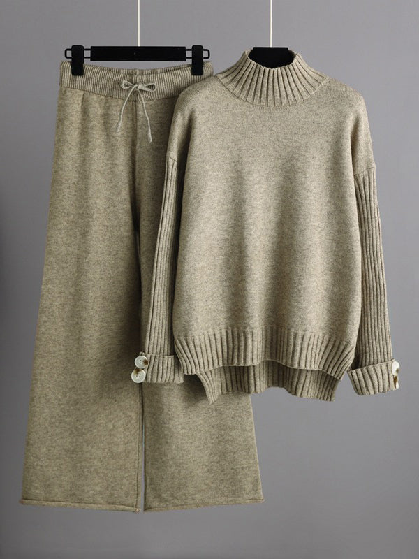 xakxx Urban Long Sleeves Solid Color Half Turtleneck Sweater Tops & Wide Leg Pants Two Pieces Set