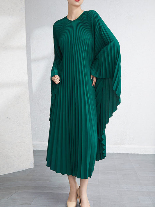 xakxx Urban Flared Batwing Sleeves Pleated Solid Color Round-Neck Midi Dresses