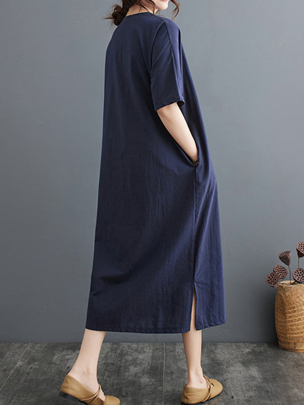xakxx A-Line Loose Chinese Frog Buttons Pockets Solid Color Split-Side V-Neck Midi Dresses