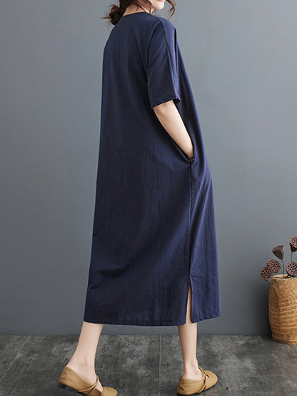 xakxx A-Line Loose Chinese Frog Buttons Pockets Solid Color Split-Side V-Neck Midi Dresses
