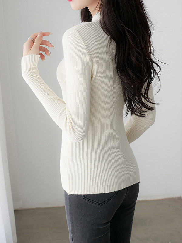 xakxx Simple Long Sleeves Skinny Solid Color High-Neck Pullovers