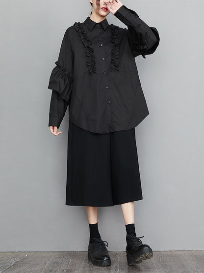 xakxx Casual Loose Long Sleeves Buttoned Ruffled Solid Color Lapel Collar Blouses&Shirts Tops
