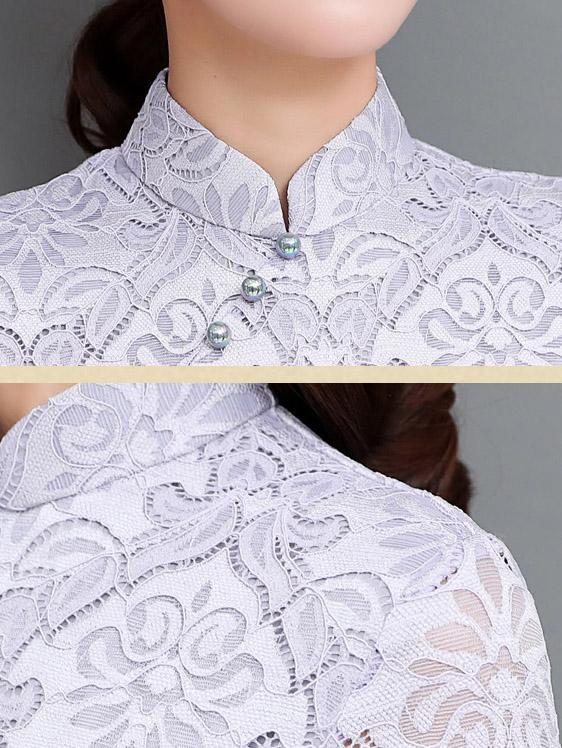 xakxx Gray&Coffee Lace A-line Long Cheongsam Ao Dai
