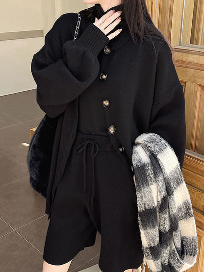 xakxx Long Sleeves Loose Buttoned Round-Neck Sweater Top + Drawstring Shorts Bottom Two Pieces Set