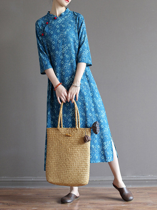 xakxx Original Solid Floral Stand Collar Midi Dress