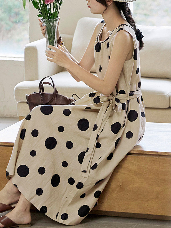 xakxx Loose Sleeveless Contrast Color Pleated Polka-Dot Split-Joint Tied Waist Round-Neck Midi Dresses