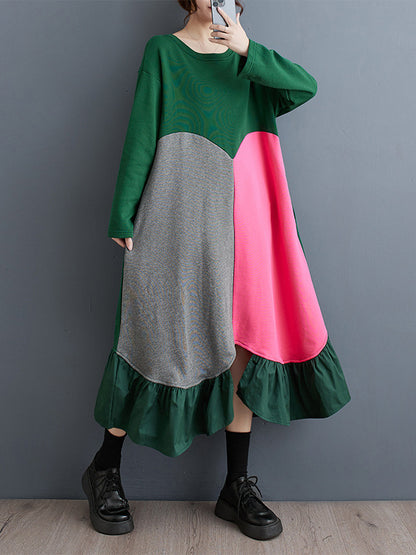 xakxx A-Line Long Sleeves Contrast Color Pleated Split-Front Split-Joint Round-Neck Midi Dresses