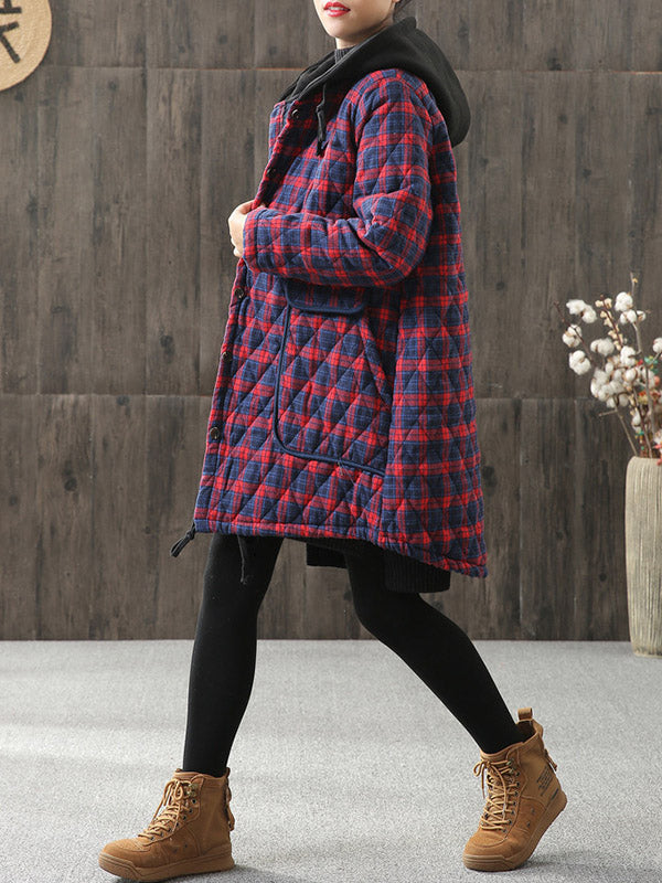 xakxx Vintage Loose Plaid Quilted Hooded Padded Coat