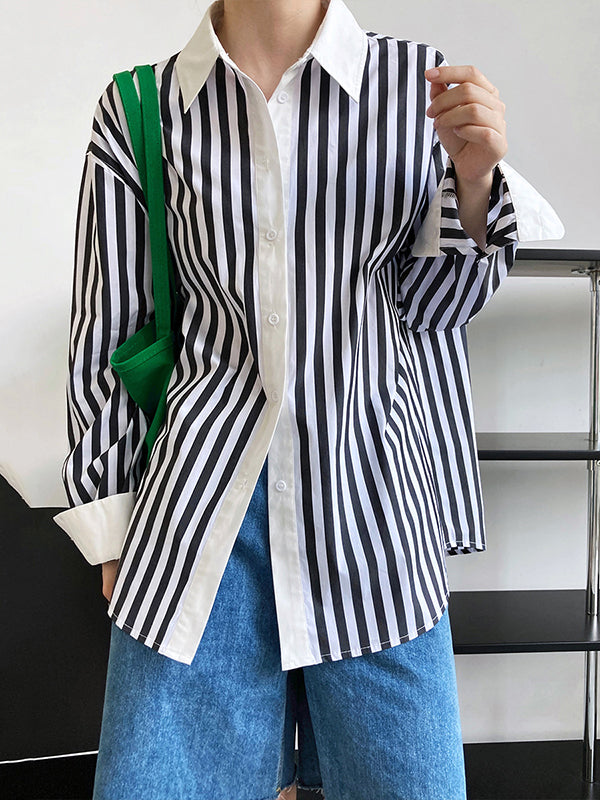 xakxx Simple Long Sleeves Contrast Color Striped Lapel Blouse Top
